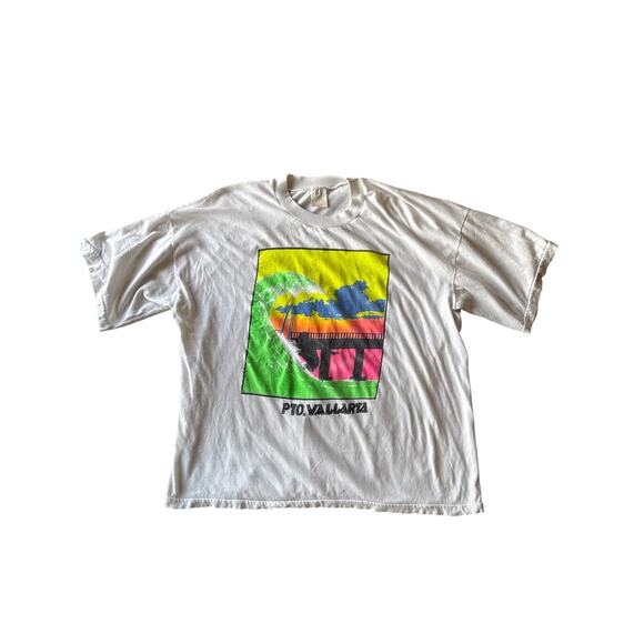 Vintage Neon Puerto Vallarta Single Stitched Poncho's XL White Surf T-Shirt - Picture 1 of 6